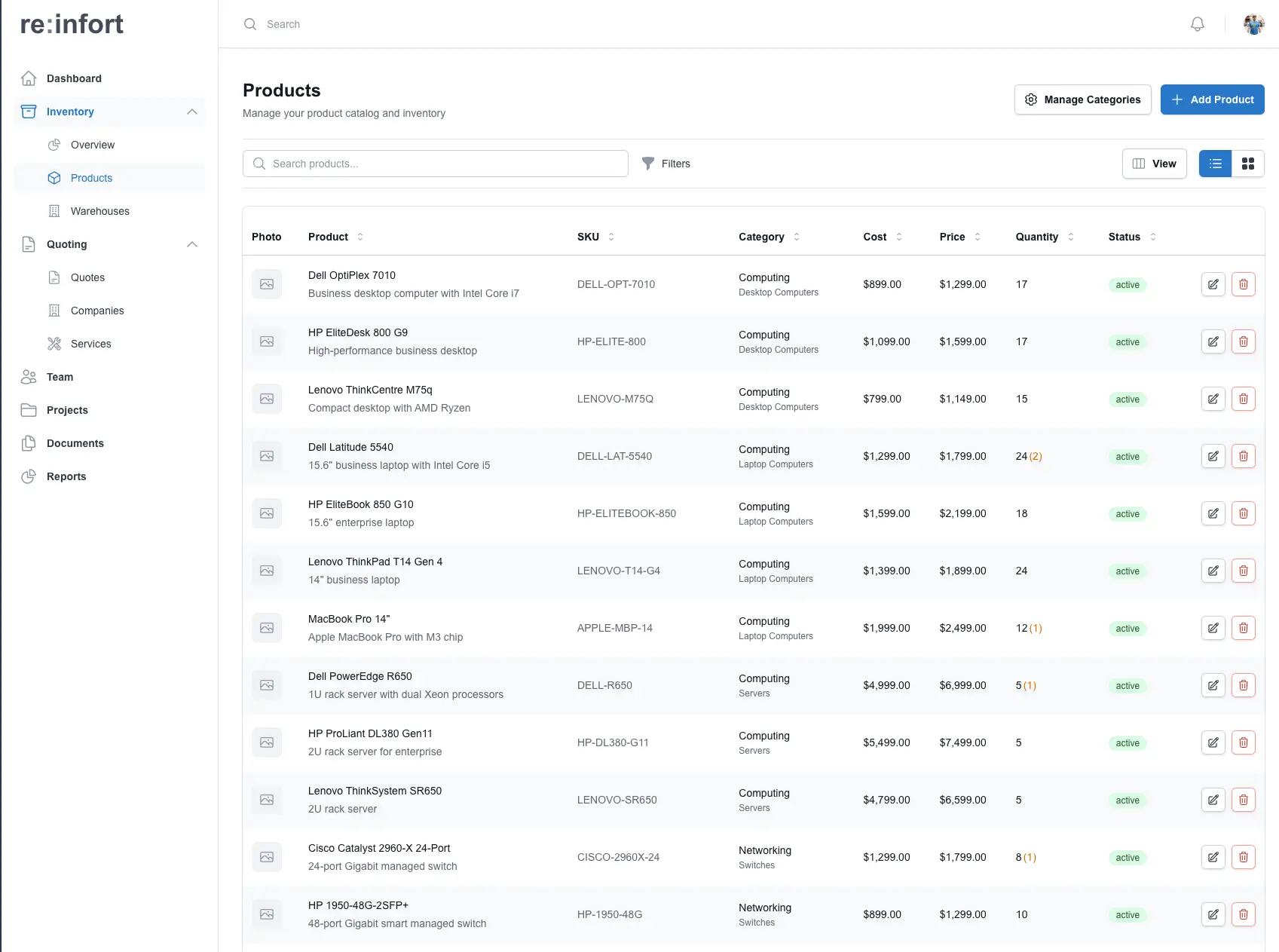Products Management Interface